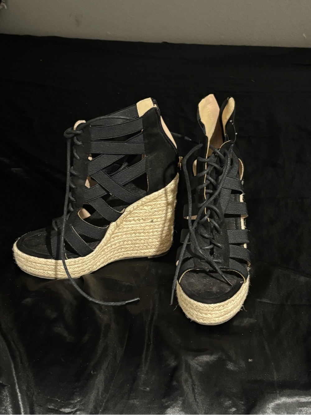 Black Lace-Up Espadrille Wedge Sandals